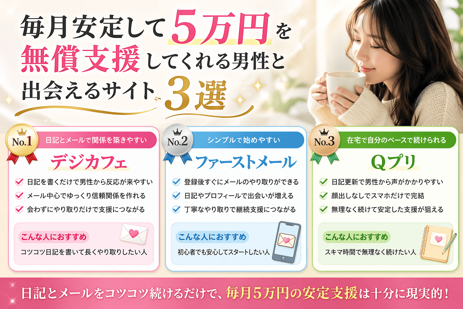 毎月安定して5万円を無償支援してくれる男性と出会えるサイト3選